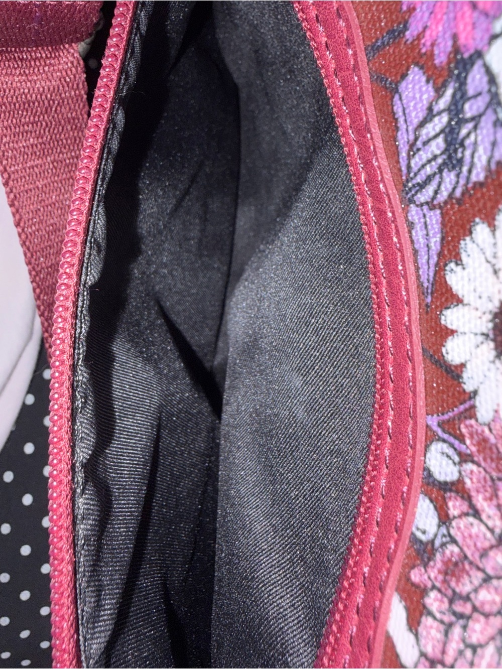 Sakroots Floral Crossbody Bag in Burgundy with Pink, Purple and White Accents - Picture 6 of 7